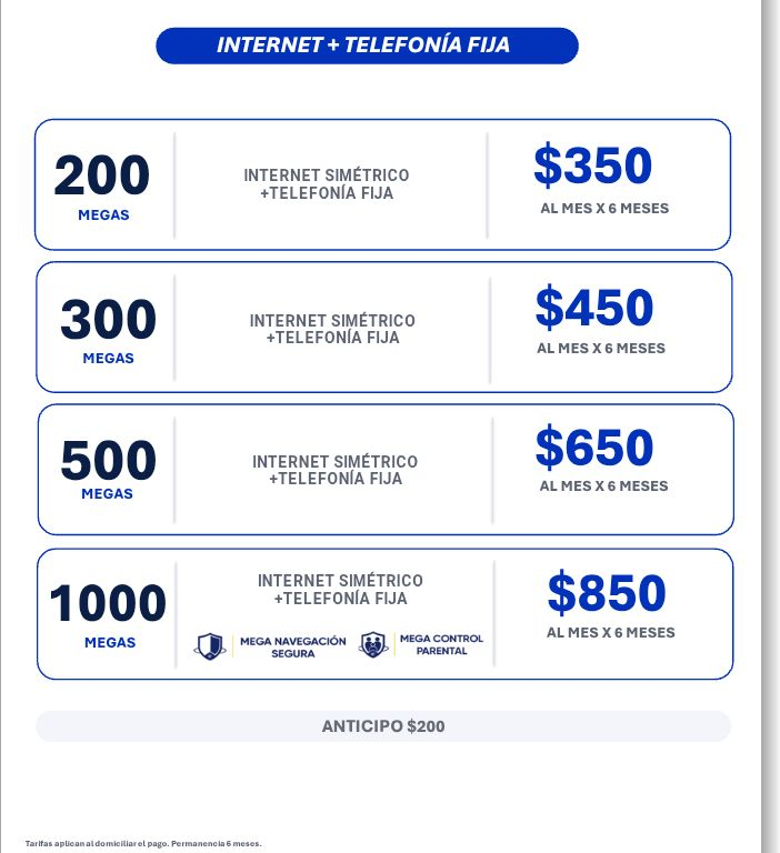 Tarifario original de Internet y Telefonía Fija: 200 megas por $350, 300 megas por $450, 500 megas por $650 y 1000 megas por $850 al mes durante 6 meses, con anticipo de $200.